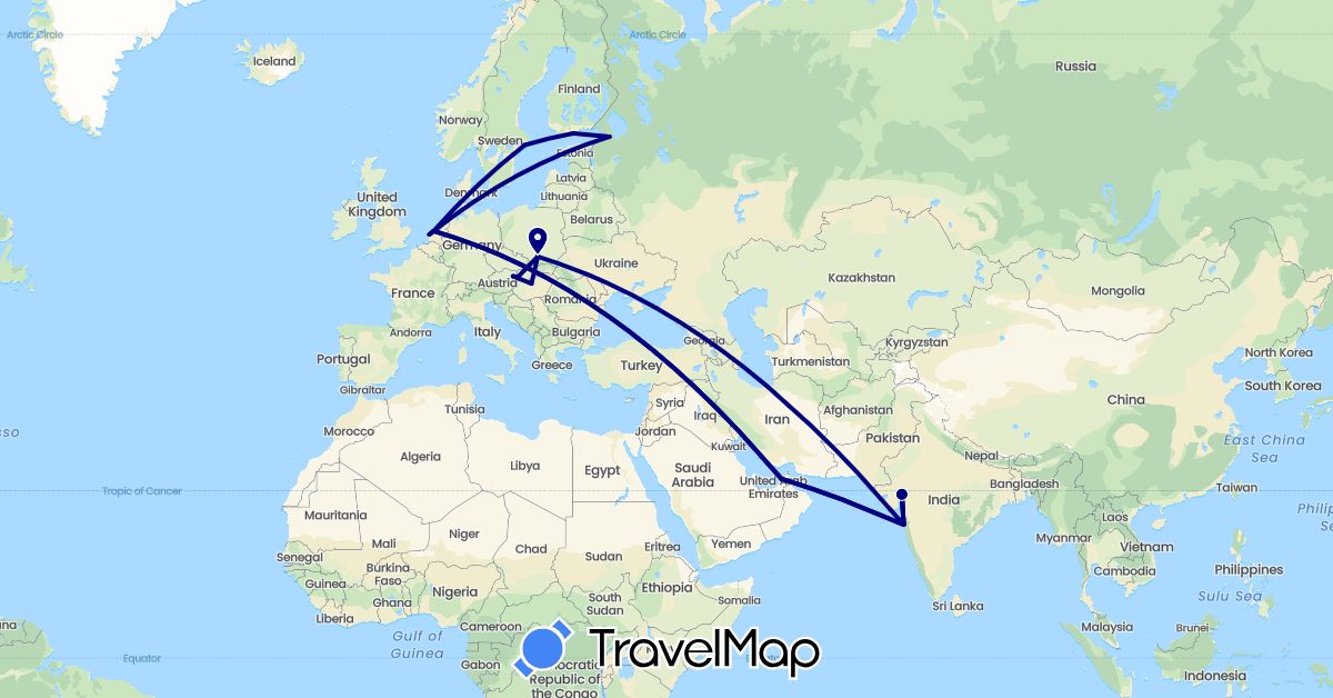 TravelMap itinerary: driving in United Arab Emirates, Austria, Finland, Hungary, India, Netherlands, Poland, Russia, Sweden, Slovakia (Asia, Europe)